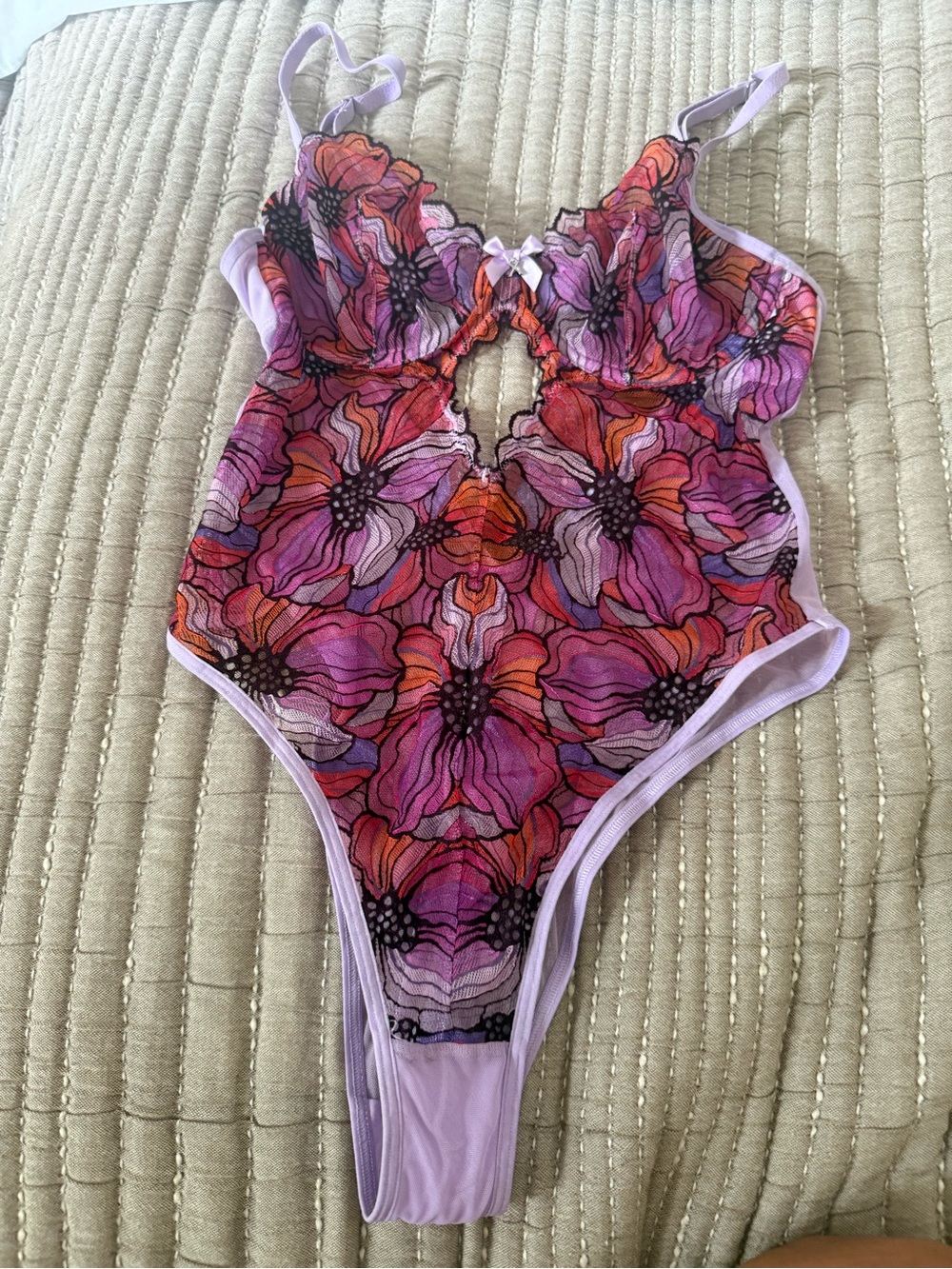 Savage X Fenty Floral Lace One-Piece in Purple and Pink with Orange Accents